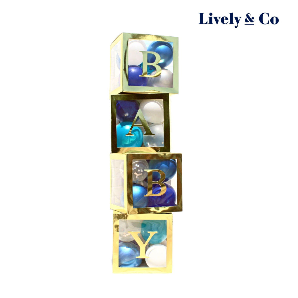 Gold Baby Boxes Lively and Co with blue and silver balloon pack