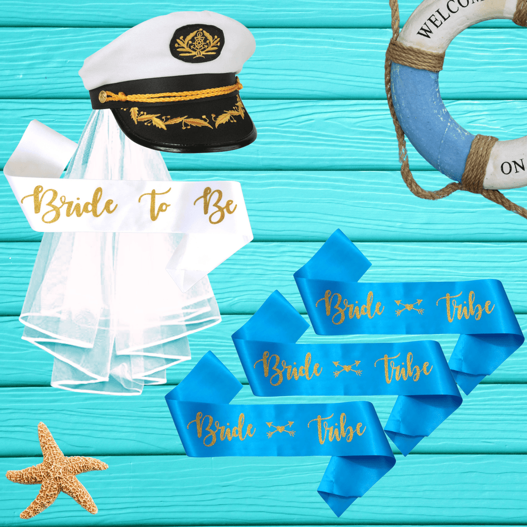 Nautical Bachelorette Party Set - Captain's Hat, Sashes & Veil NEW Lively & Co 
