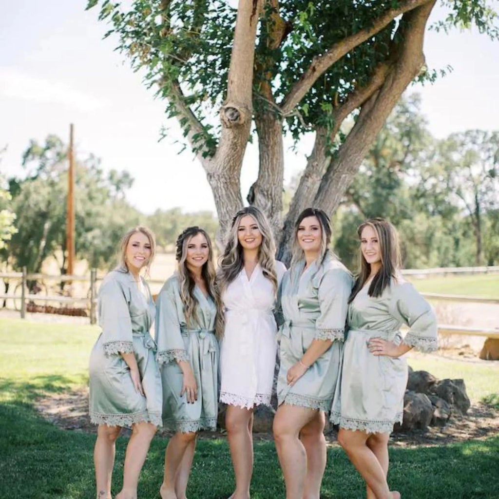 Lux Satin Robe - Lace Design in Sage | Personalised or Plain Lively & Co 