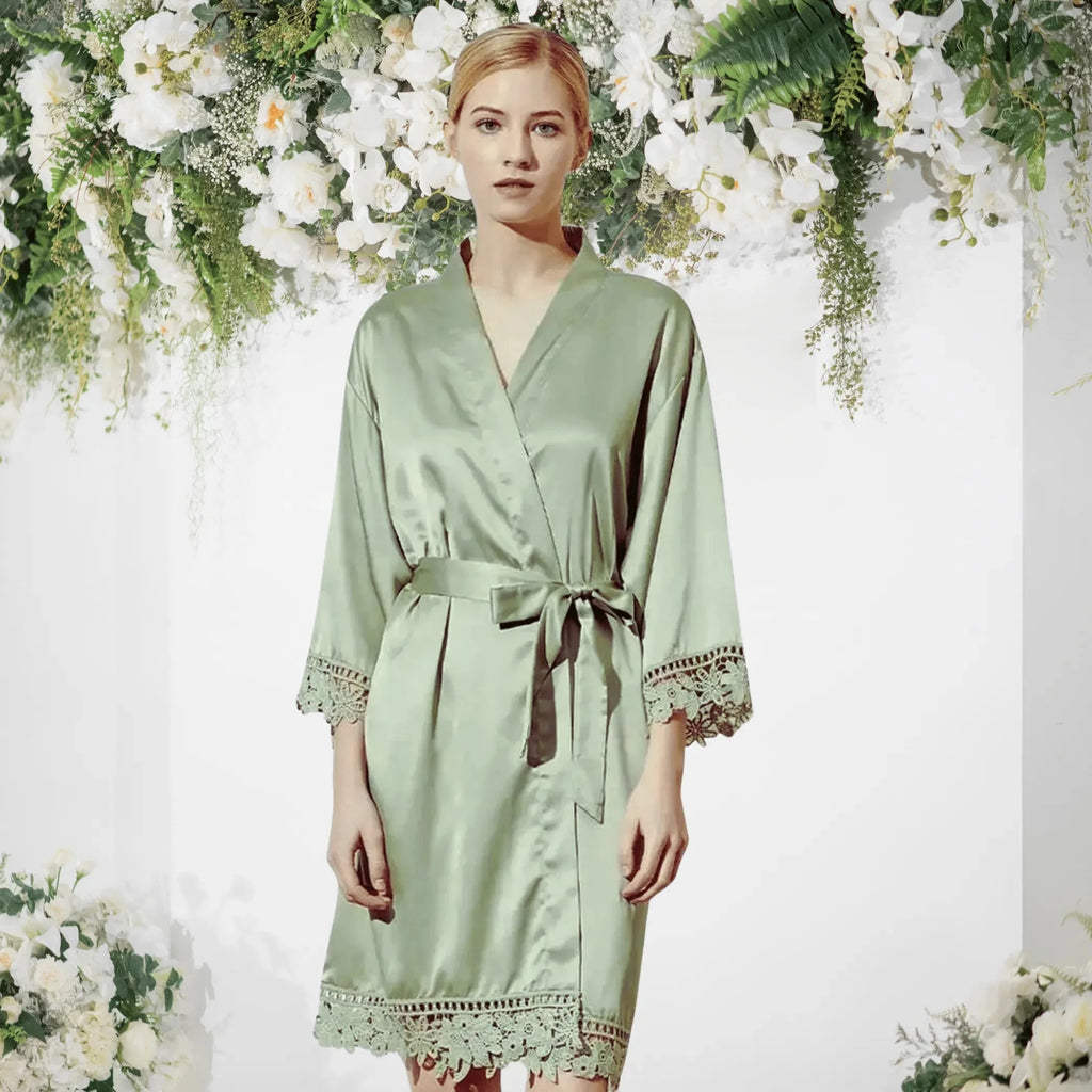 Lux Satin Robe - Lace Design in Sage | Personalised or Plain Lively & Co 