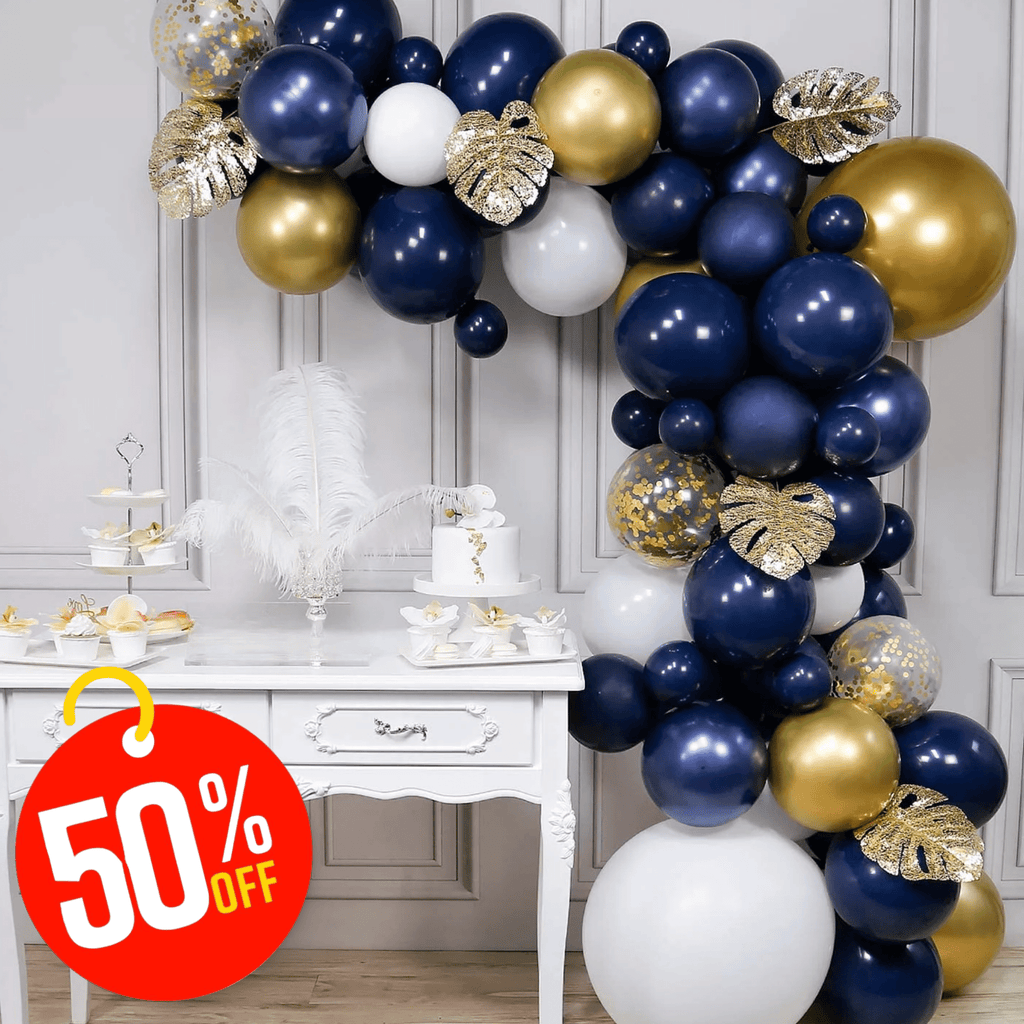 Balloon DIY Garland - Navy Blue, Gold, White & Gold leaves 71 pcs Lively & Co 