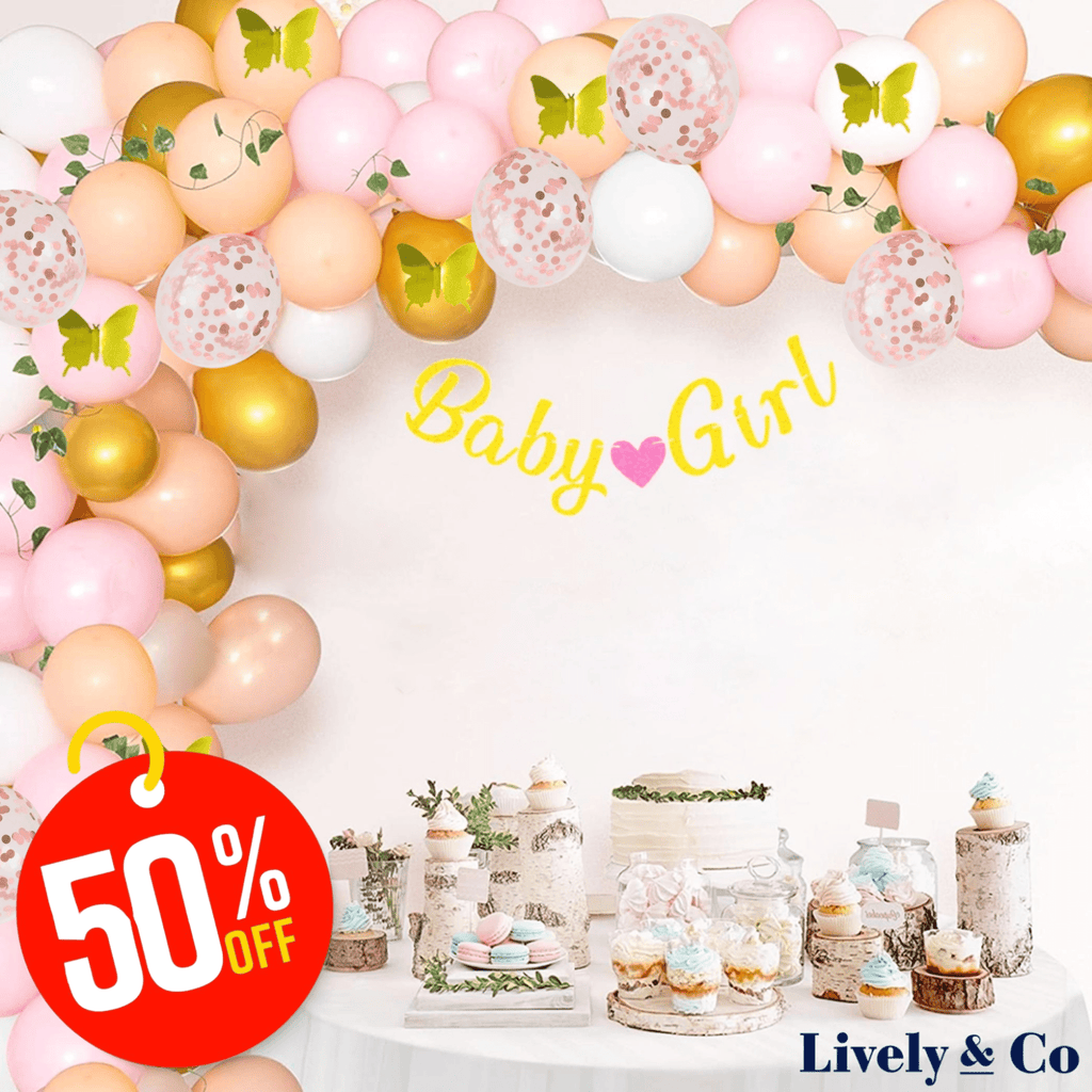 Baby Girl Balloon DIY Garland with Gold Butterflies 108 pcs Lively & Co 