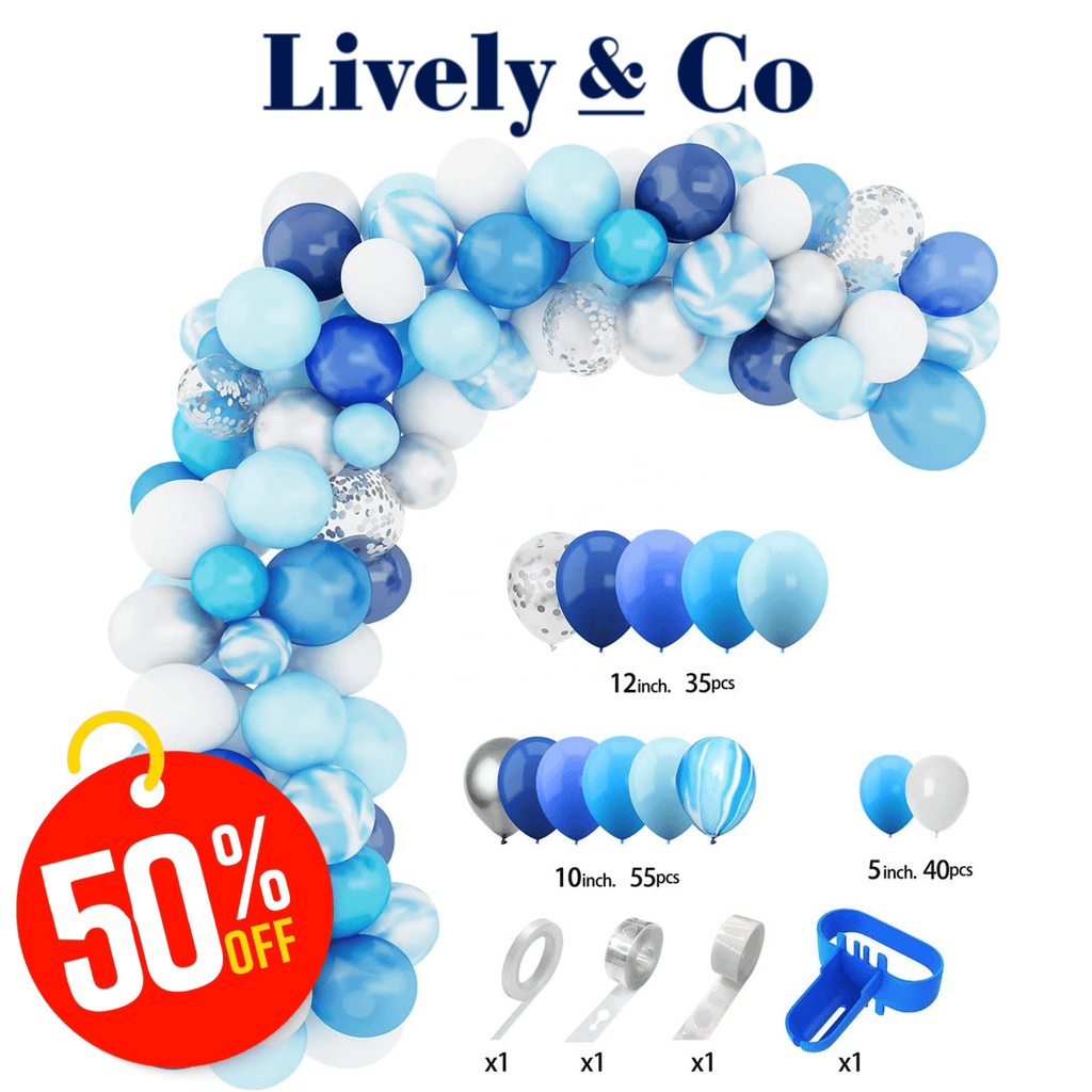 Blue Balloon DIY Garland - Baby Boy Blues, White & Silver 134 pcs Lively & Co 