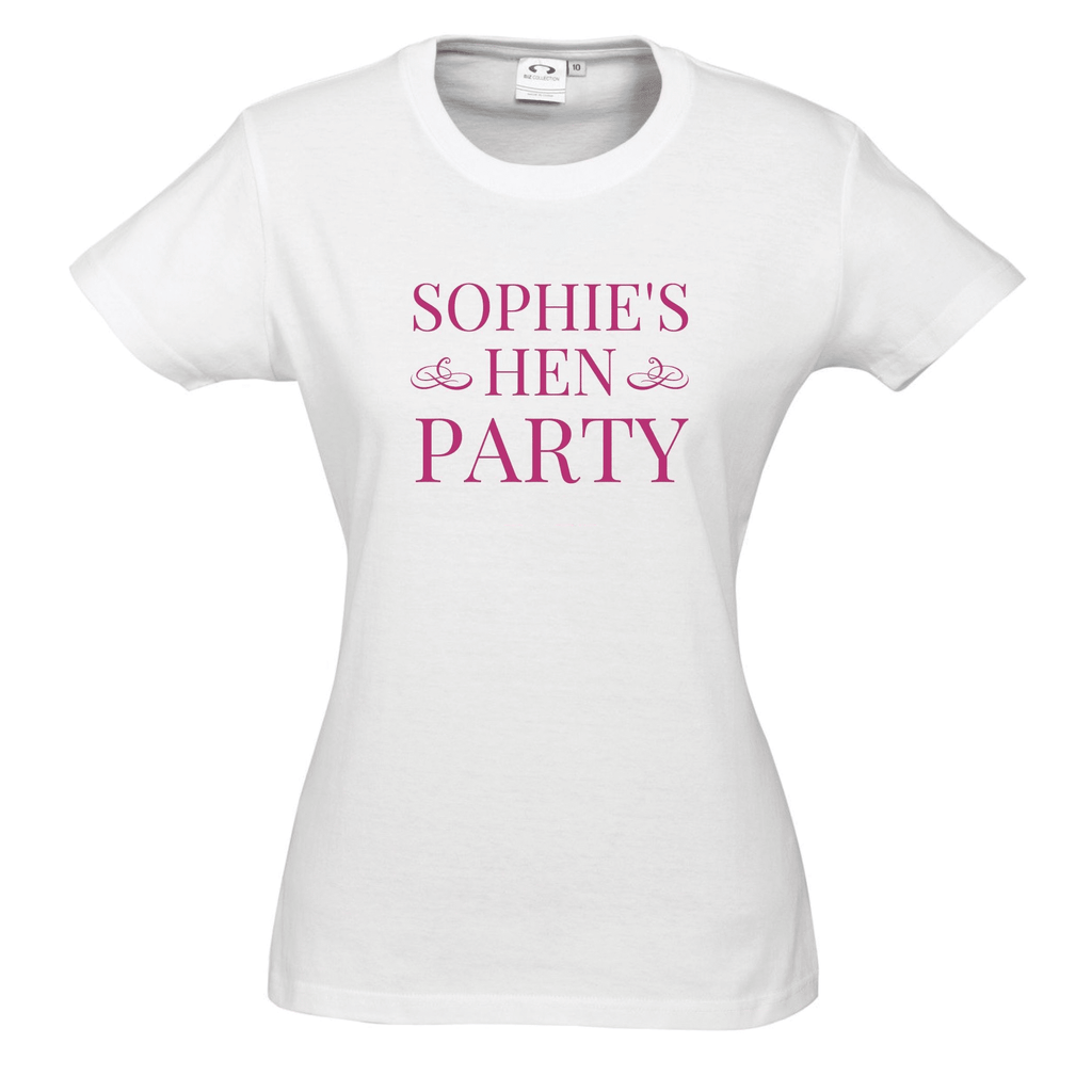 Hen's Party Personalised T-Shirts Lively & Co WHITE T Shirt Pink Writing HEN'S PARTY