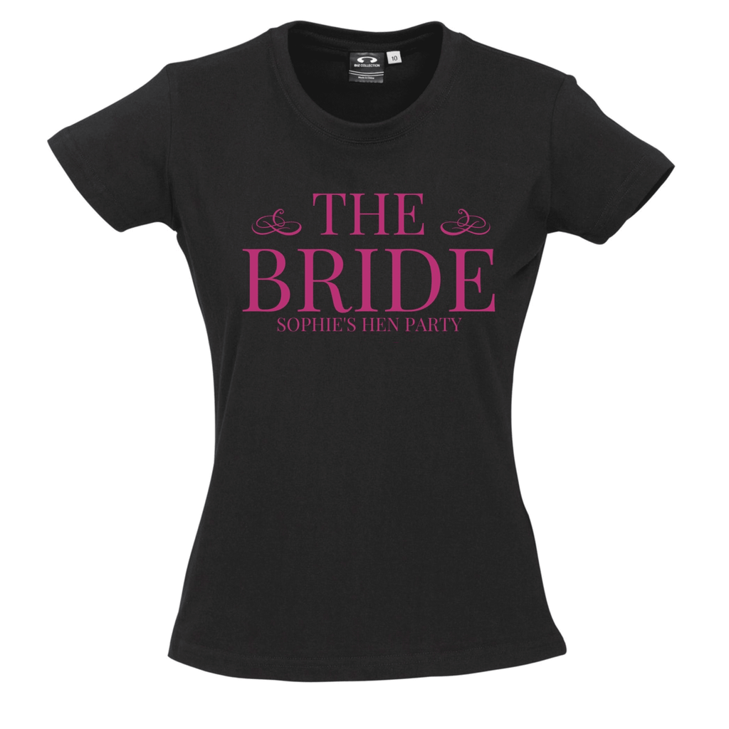 Hen's Party Personalised T-Shirts Lively & Co BLACK T Shirt Pink Writing THE BRIDE