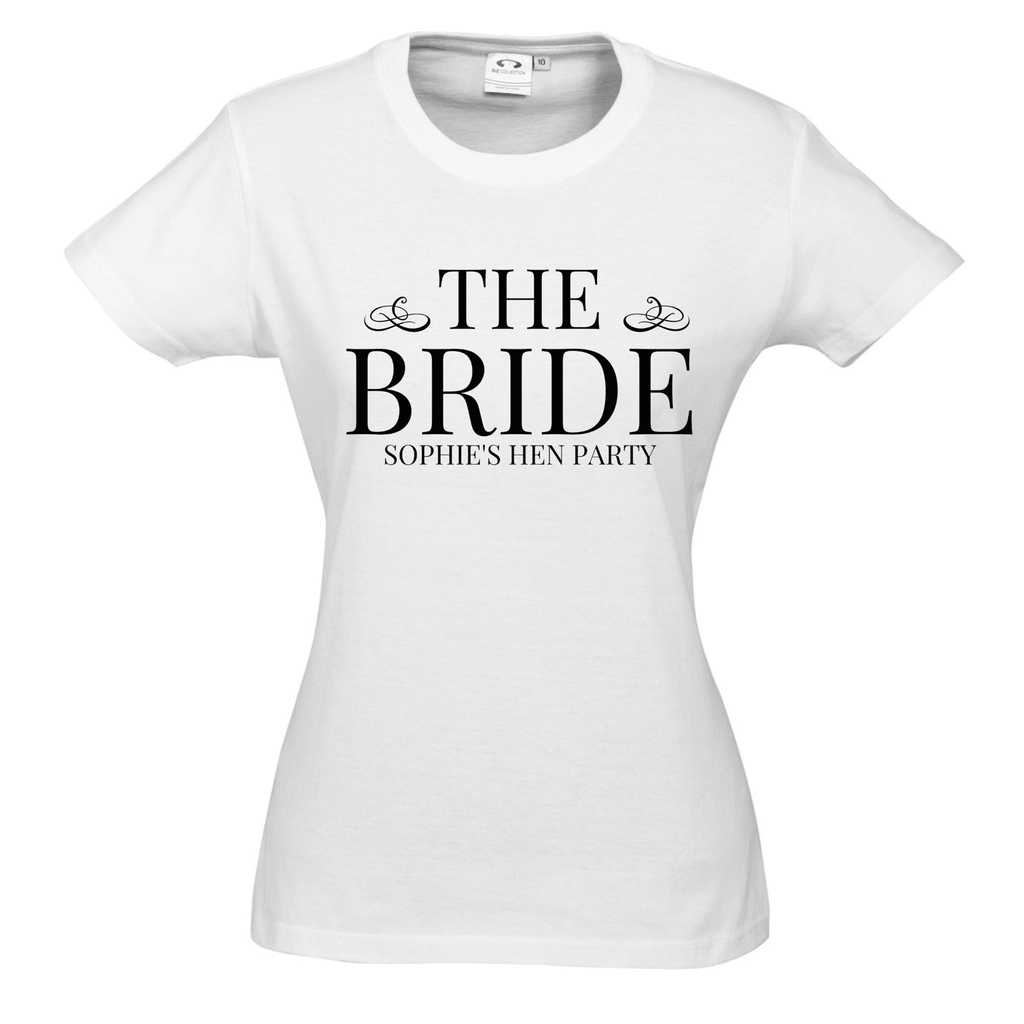 Hen's Party Personalised T-Shirts Lively & Co WHITE T Shirt Black Writing THE BRIDE