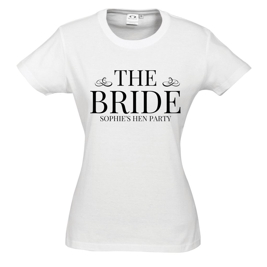 Hen's Party Personalised T-Shirts Lively & Co WHITE T Shirt Black Writing THE BRIDE