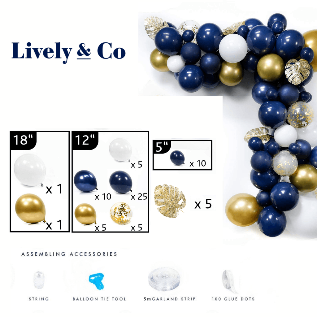 Balloon DIY Garland - Navy Blue, Gold, White & Gold leaves Lively & Co 