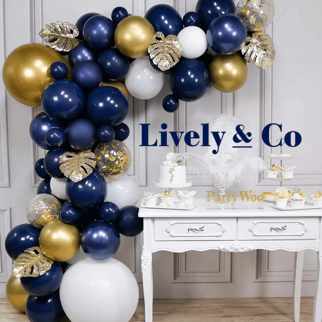 Balloon DIY Garland - Navy Blue, Gold, White & Gold leaves Lively & Co 
