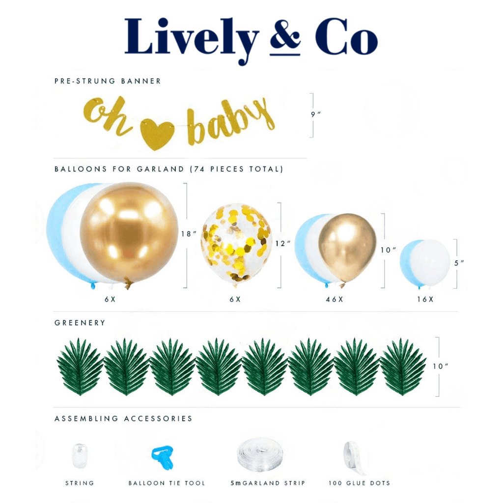 Oh Baby Balloon DIY Garland - Pale Blue, Gold & White Lively & Co 
