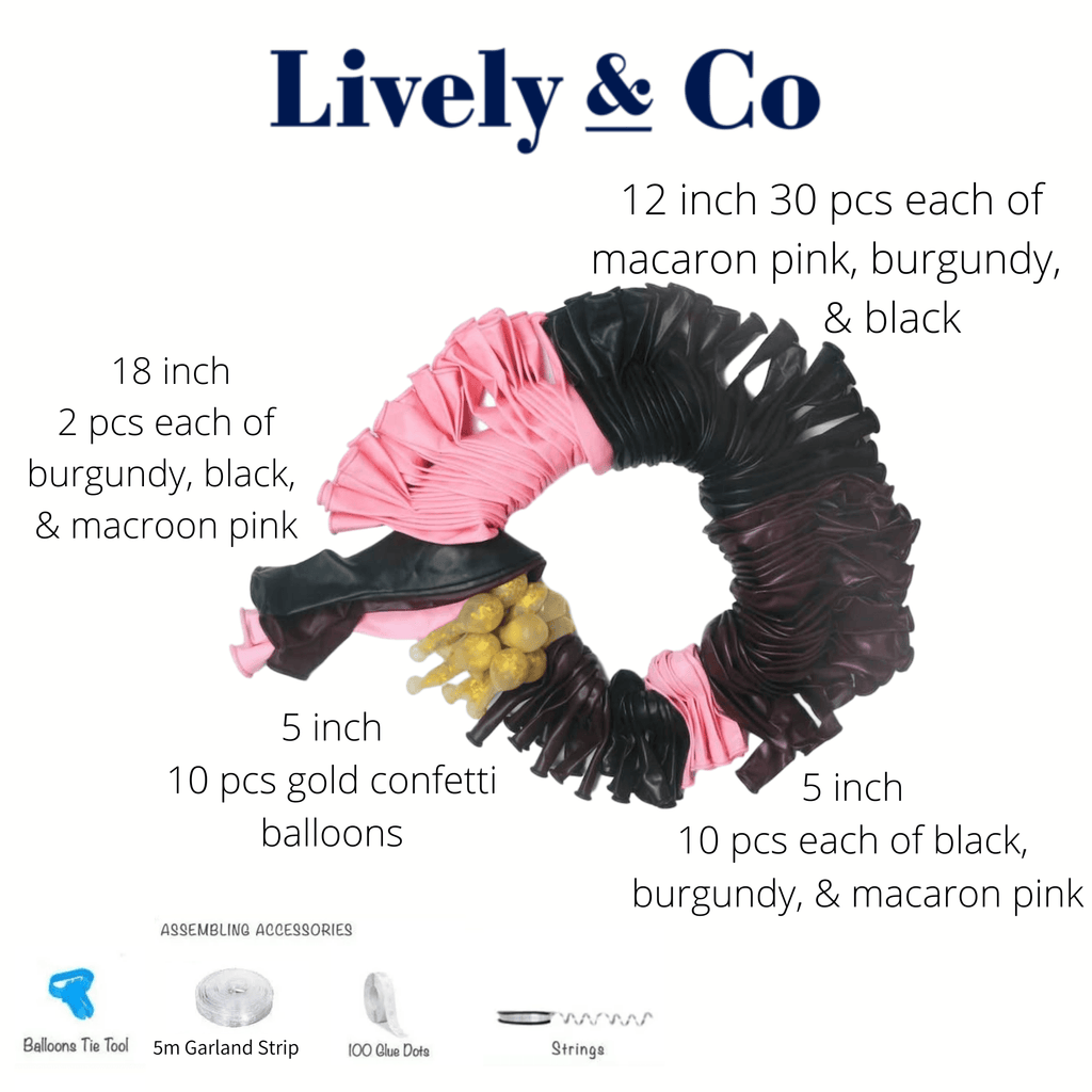 Balloon DIY Garland - Burgundy, Black, Macaron Pink & Gold Lively & Co