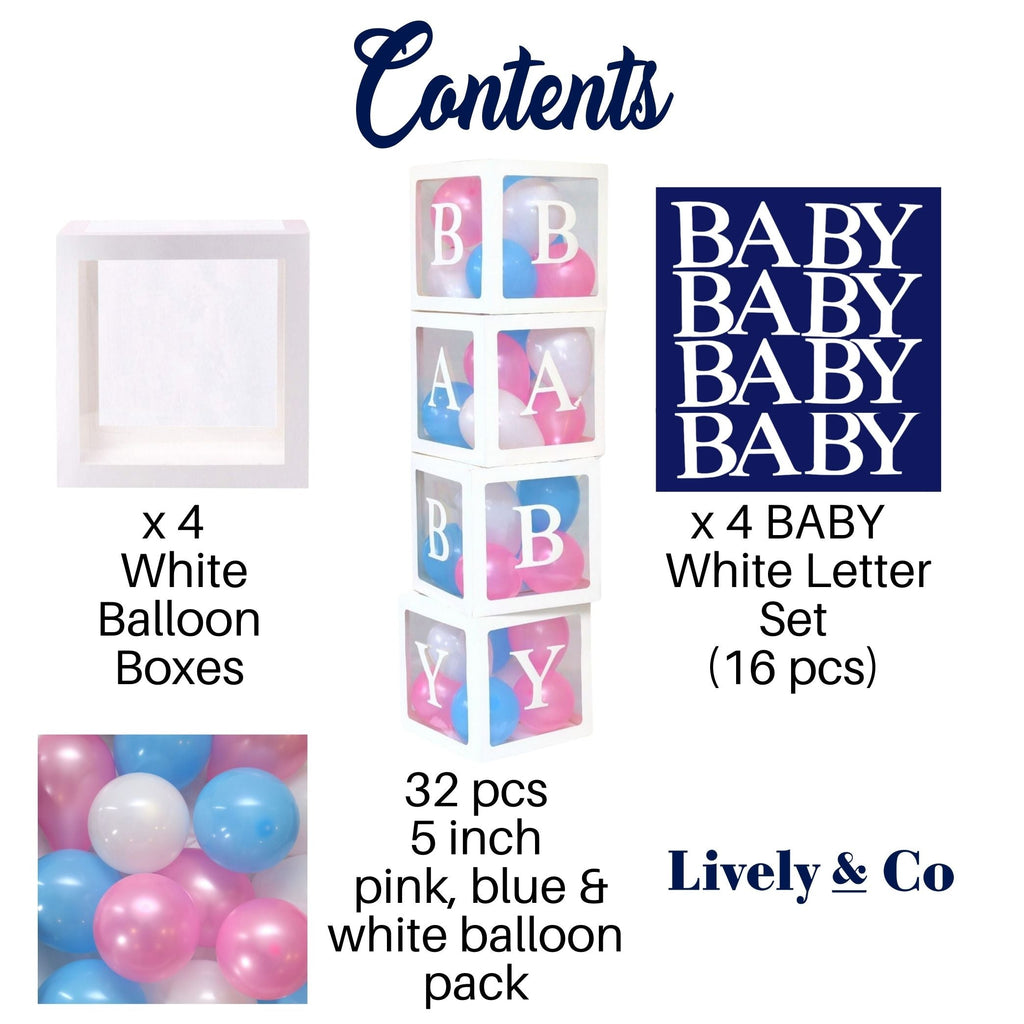 Baby Shower balloon box pink, blue & White balloon set