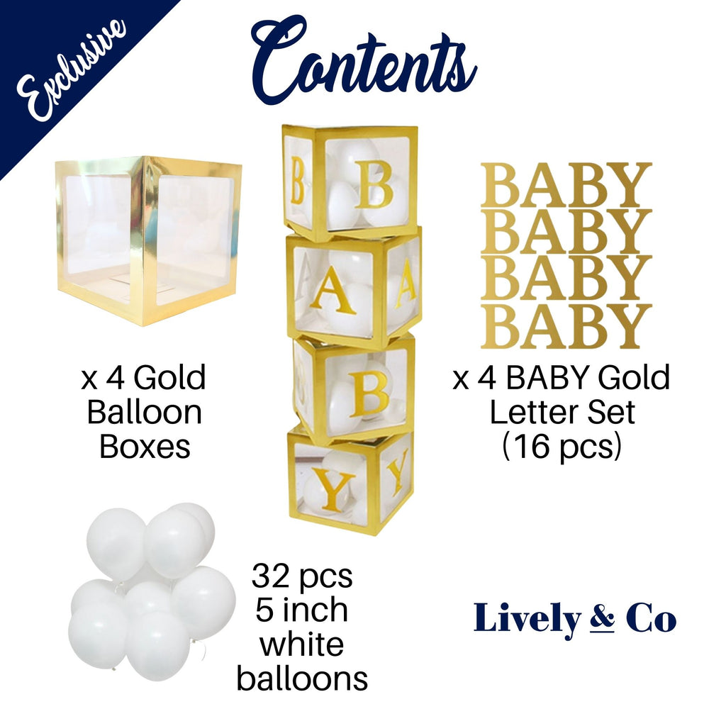 Gold baby Boxes, Gold Baby Letters and white balloons set
