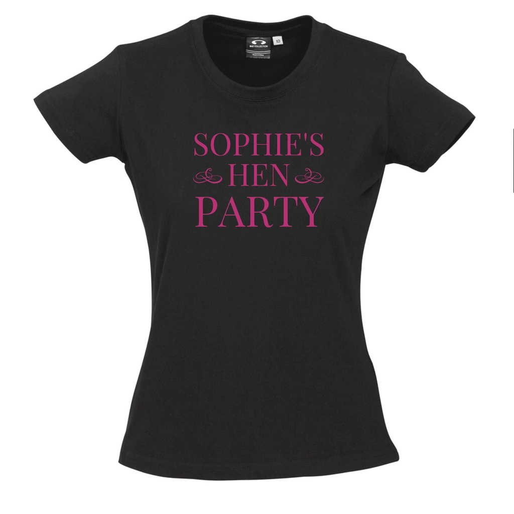 Hen's Party Personalised T-Shirts Lively & Co BLACK T Shirt Pink Writing HEN'S PARTY