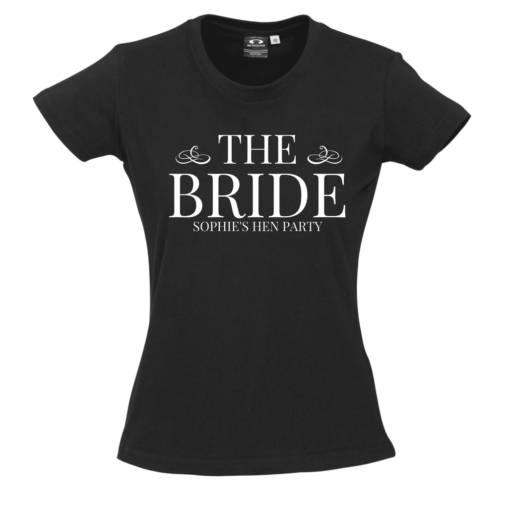 Hen's Party Personalised T-Shirts Lively & Co BLACK T Shirt White Writing THE BRIDE