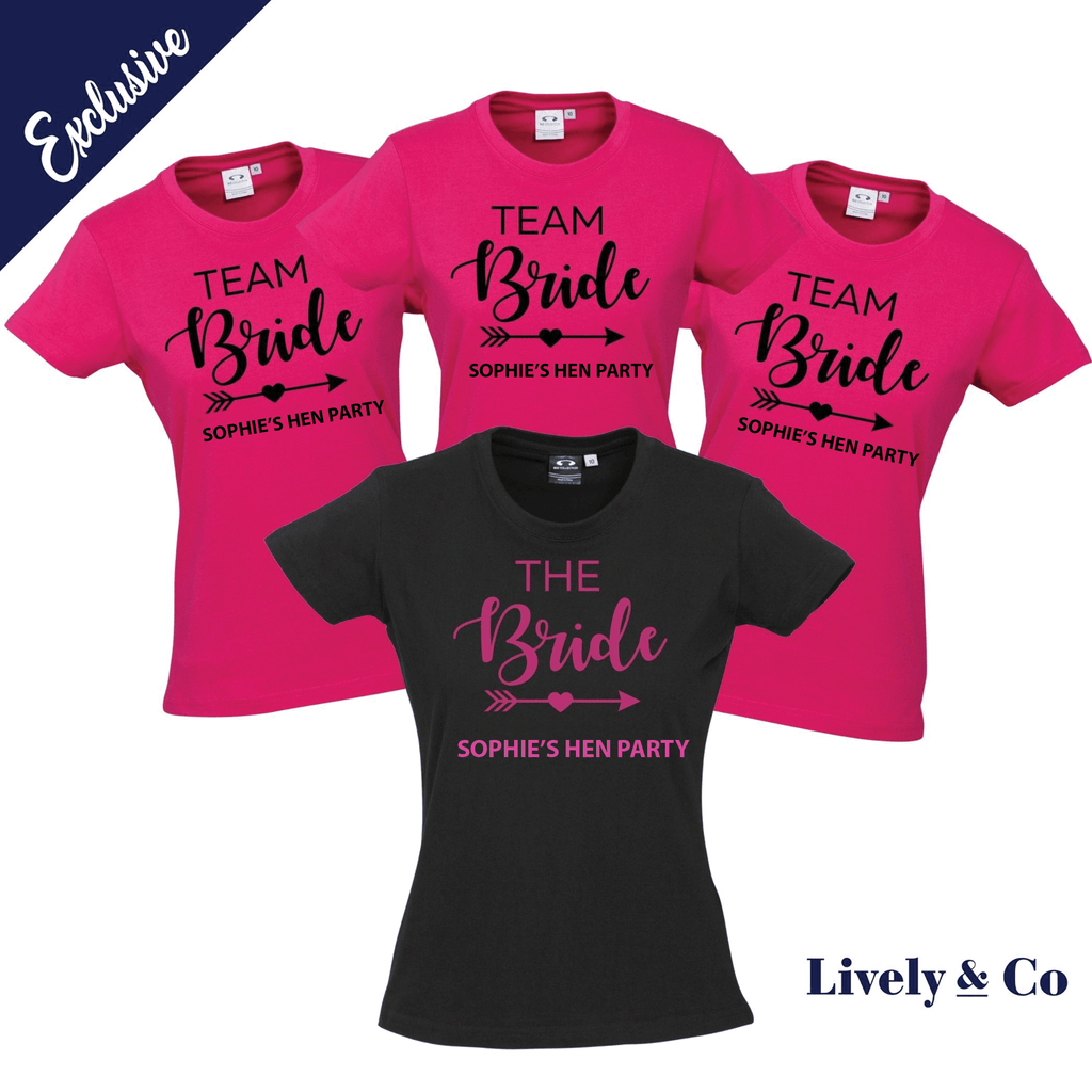 Hen's Party Personalised T-Shirts Lively & Co White T Shirt Pink Writing TEAM BRIDE