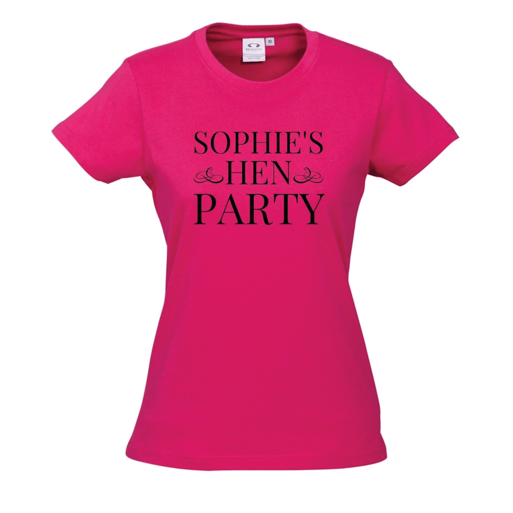 Hen's Party Personalised T-Shirts Lively & Co PINK T Shirt Black Writing HEN'S PARTY