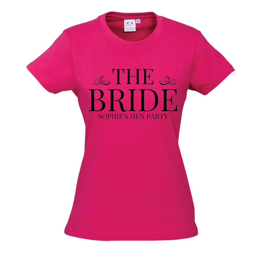 Hen's Party Personalised T-Shirts Lively & Co PINK T Shirt Black Writing THE BRIDE