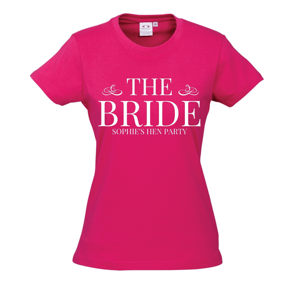 Hen's Party Personalised T-Shirts Lively & Co PINK T Shirt White Writing THE BRIDE