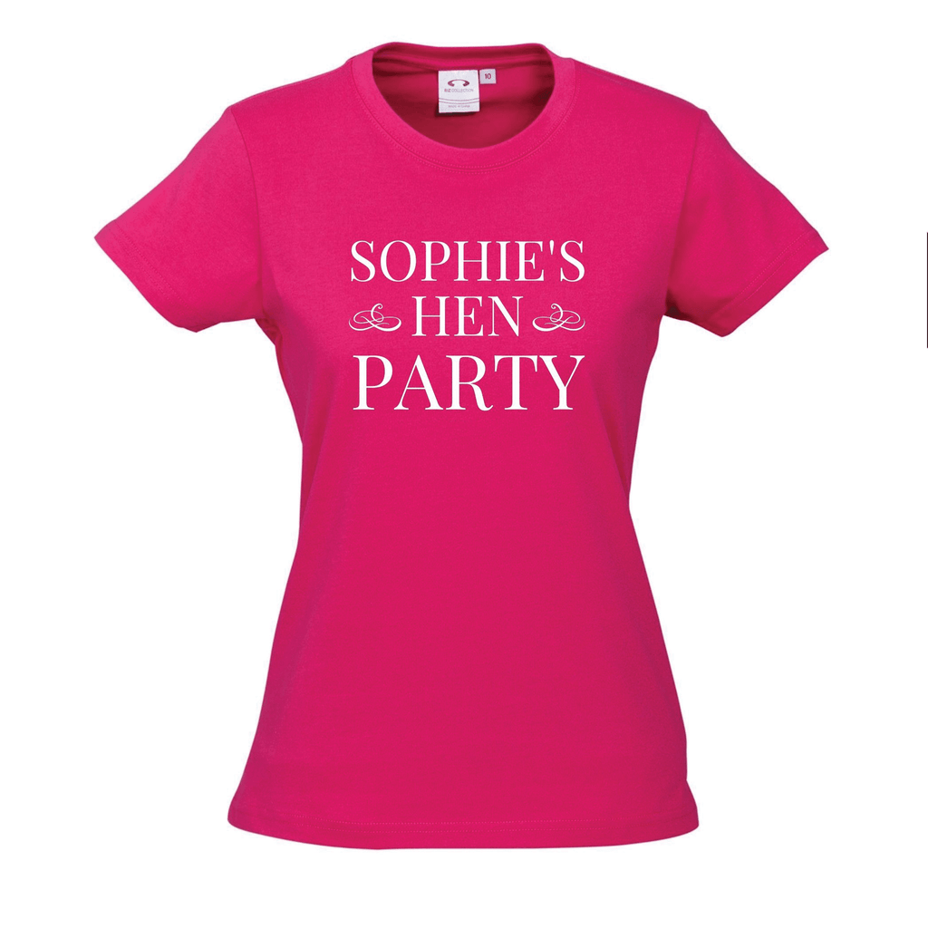 Hen's Party Personalised T-Shirts Lively & Co PINK T Shirt White Writing HEN'S PARTY