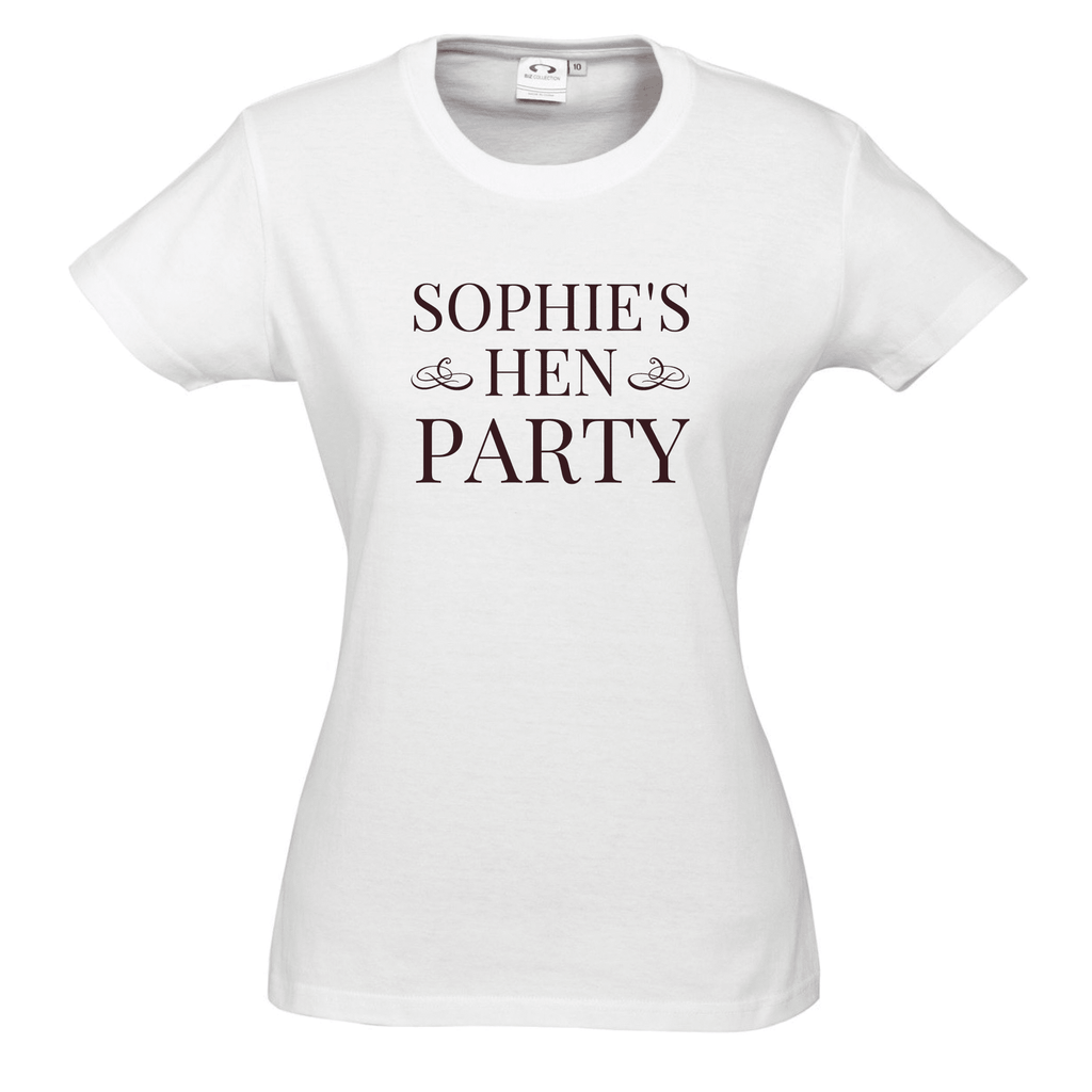 Hen's Party Personalised T-Shirts Lively & Co WHITE T Shirt Black Writing HEN'S PARTY