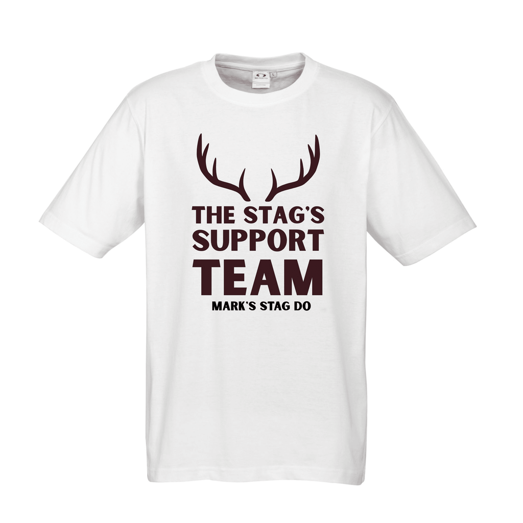 STAG DO Personalised T-Shirts Lively & Co WHITE T Shirt Black Writing THE STAG'S SUPPORT TEAM