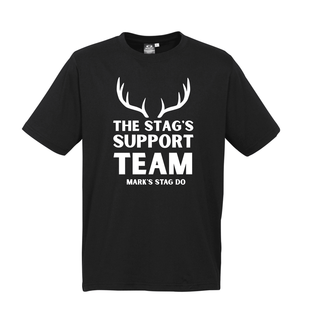 STAG DO Personalised T-Shirts Lively & Co BLACK T Shirt White Writing THE STAG'S SUPPORT TEAM