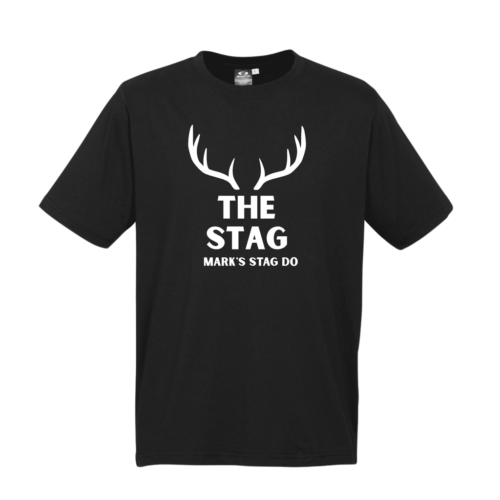 STAG DO Personalised T-Shirts Lively & Co BLACK T Shirt White Writing THE STAG