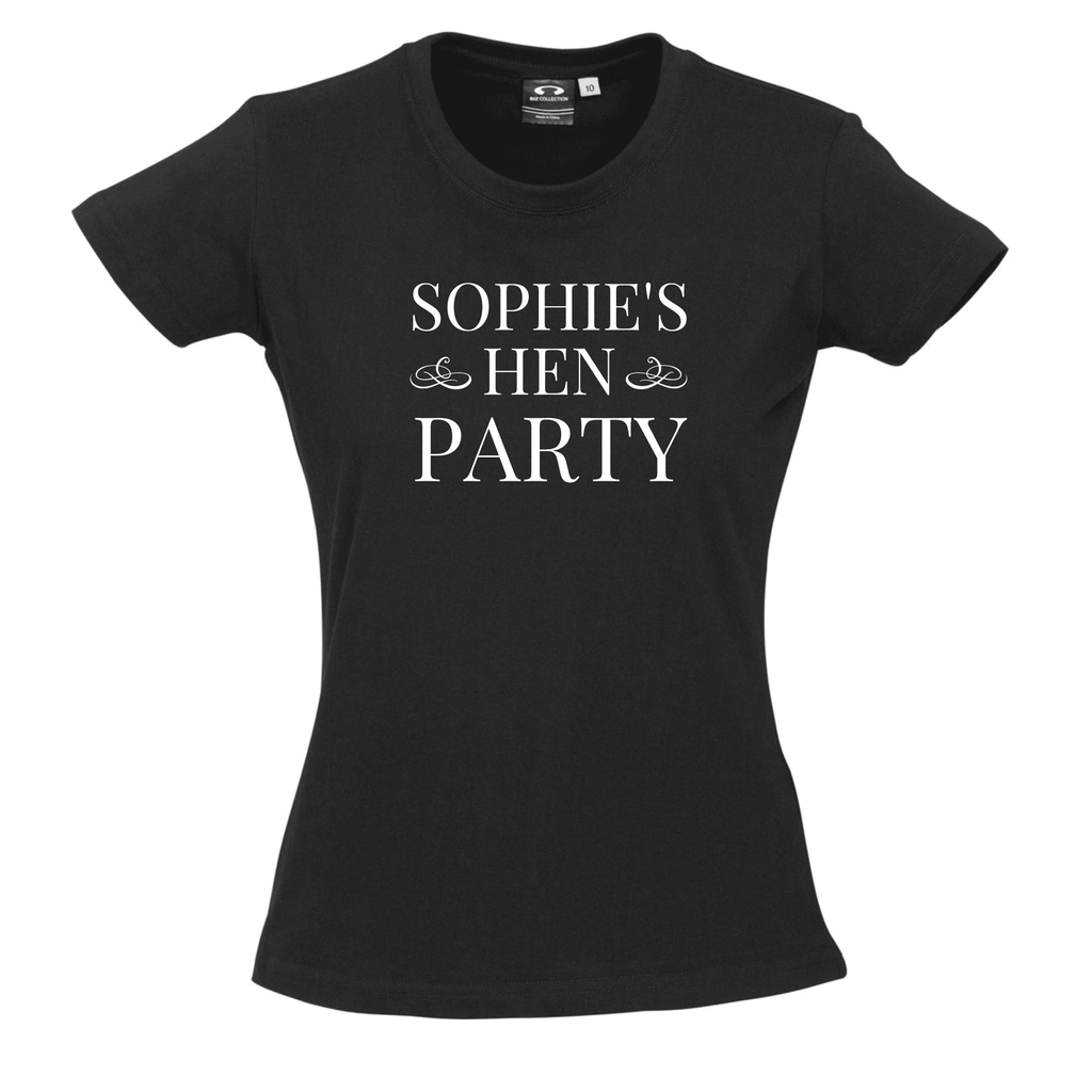 Hen's Party Personalised T-Shirts Lively & Co BLACK T Shirt White Writing HEN'S PARTY
