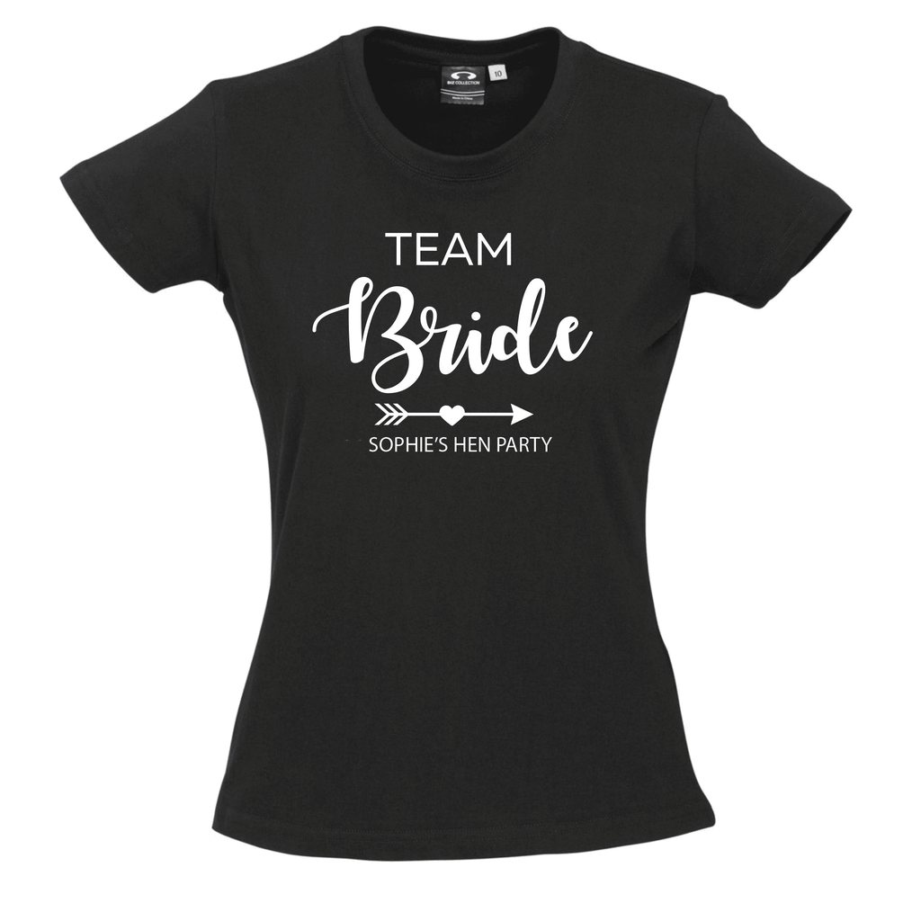 Hen's Party Personalised T-Shirts Lively & Co Black T Shirt White Writing TEAM BRIDE