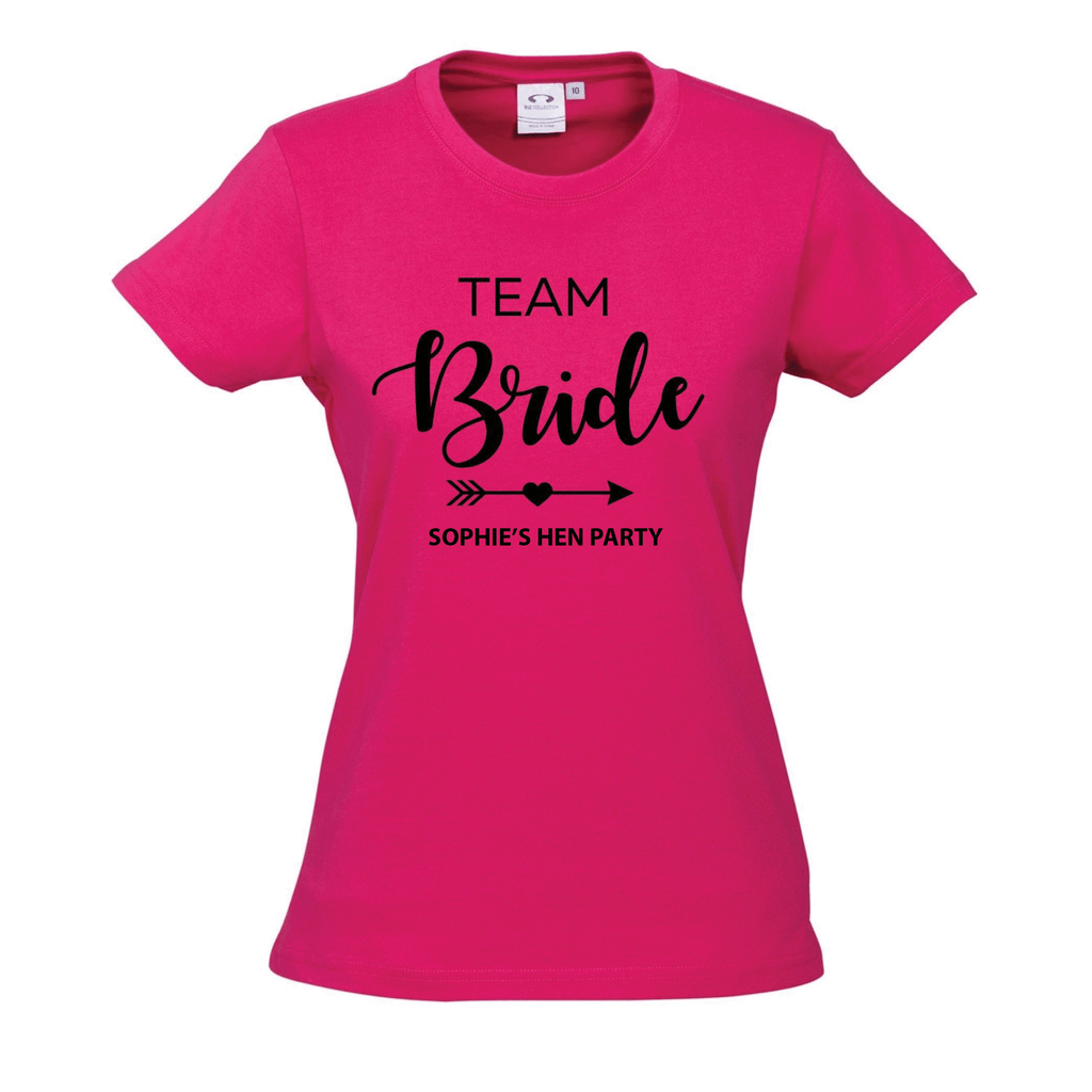 Hen's Party Personalised T-Shirts Lively & Co Pink T Shirt Black Writing TEAM BRIDE