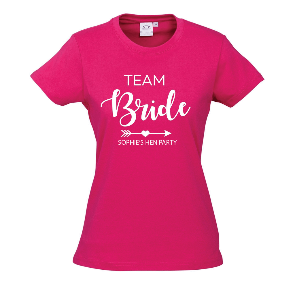 Hen's Party Personalised T-Shirts Lively & Co Pink T Shirt White Writing TEAM BRID
