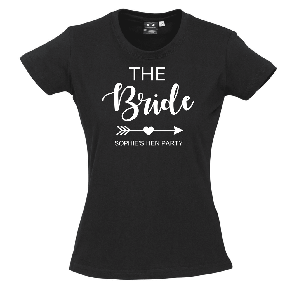 Hen's Party Personalised T-Shirts Lively & Co White T Shirt Black Writing THE BRIDE