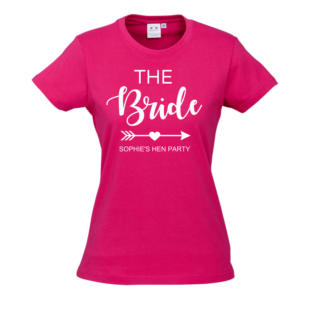 Hen's Party Personalised T-Shirts Lively & Co Pink T Shirt White Writing THE BRIDE