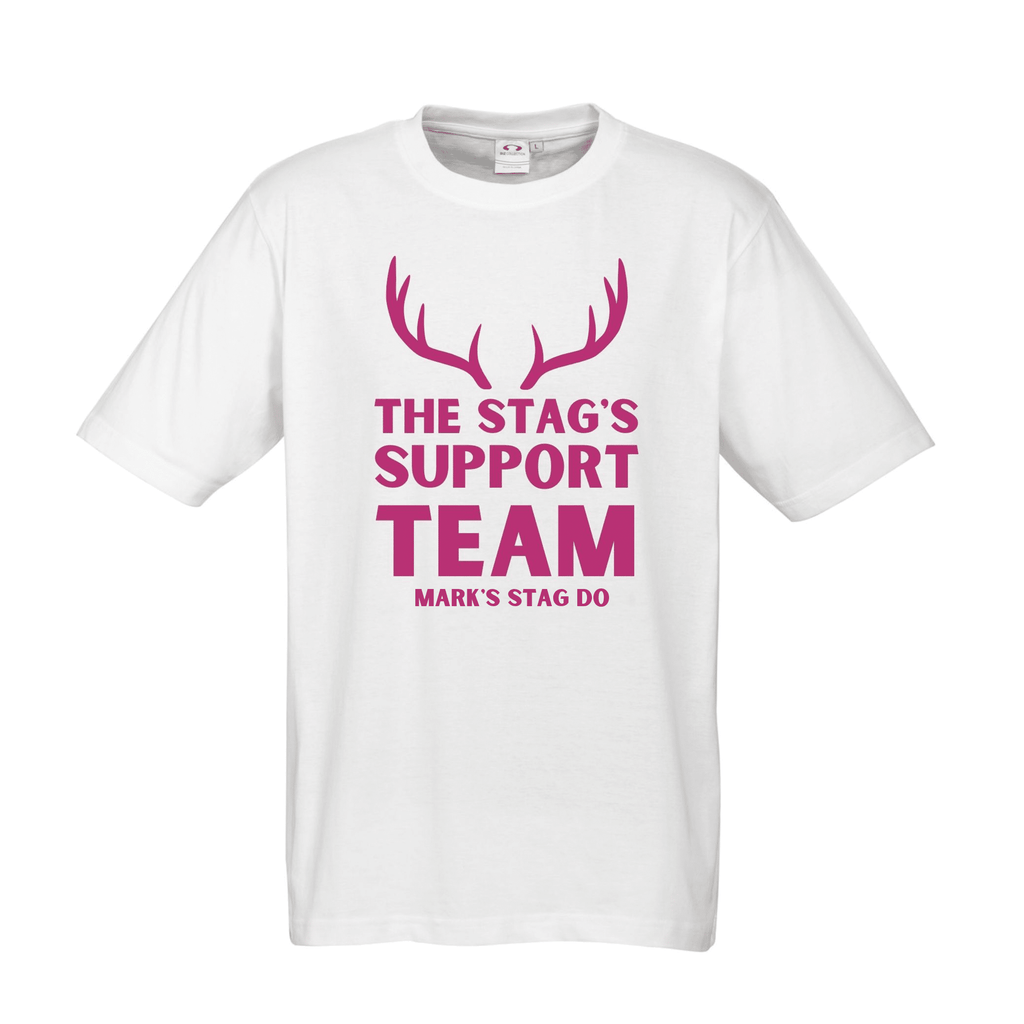 STAG DO Personalised T-Shirts Lively & Co WHITE T Shirt Pink Writing THE STAG'S SUPPORT TEAM