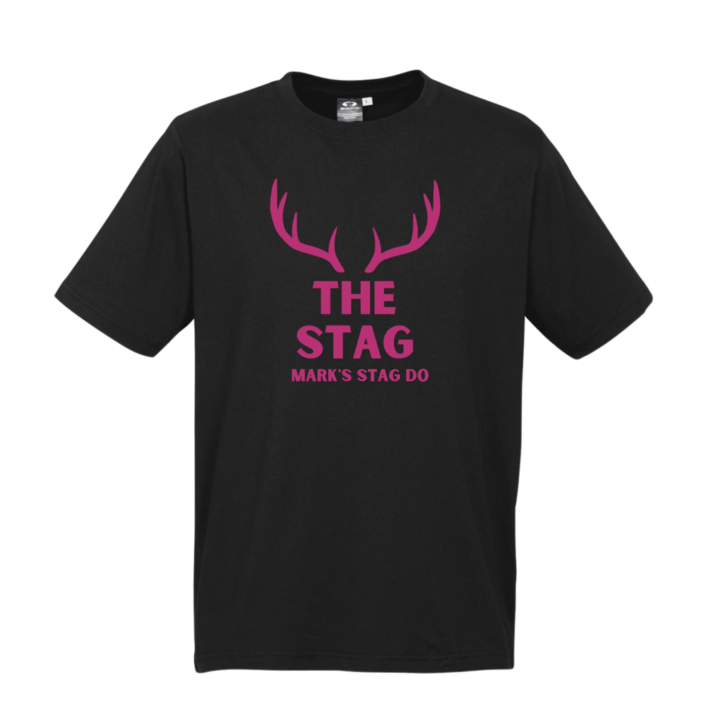 STAG DO Personalised T-Shirts Lively & Co BLACK T Shirt Pink Writing THE STAG