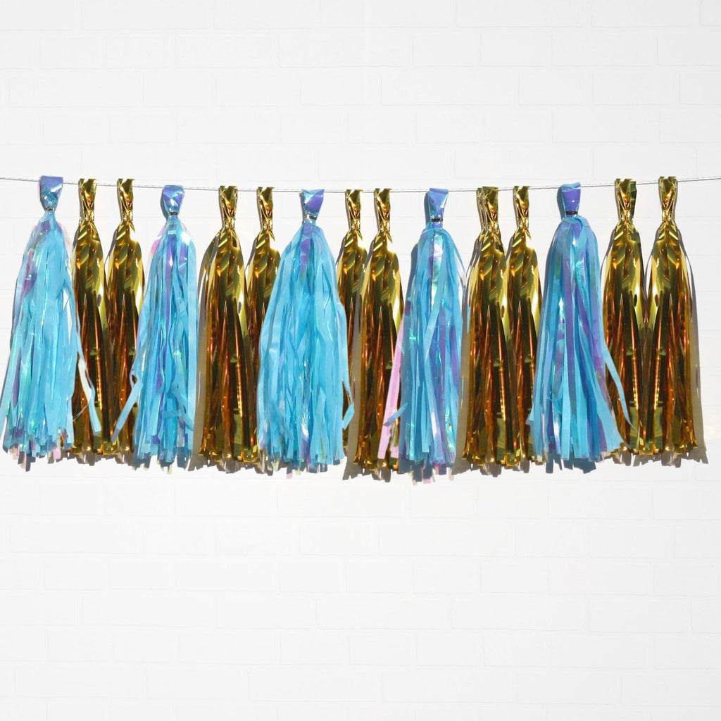 Holographic Blue & Metallic Gold Tassel Garland Set 15 Piece Lively & Co 