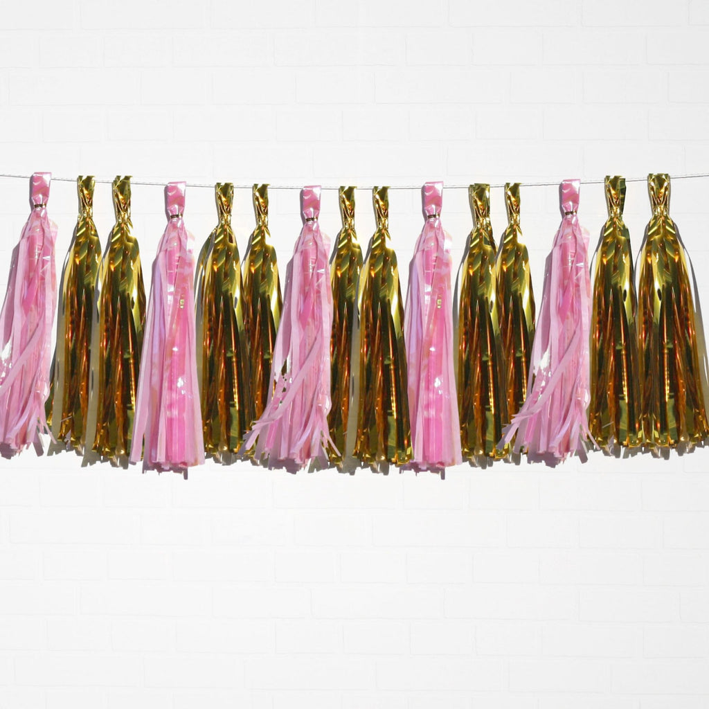 Holographic Pink & Metallic Gold Tassel Garland Set 15 Piece Lively & Co 
