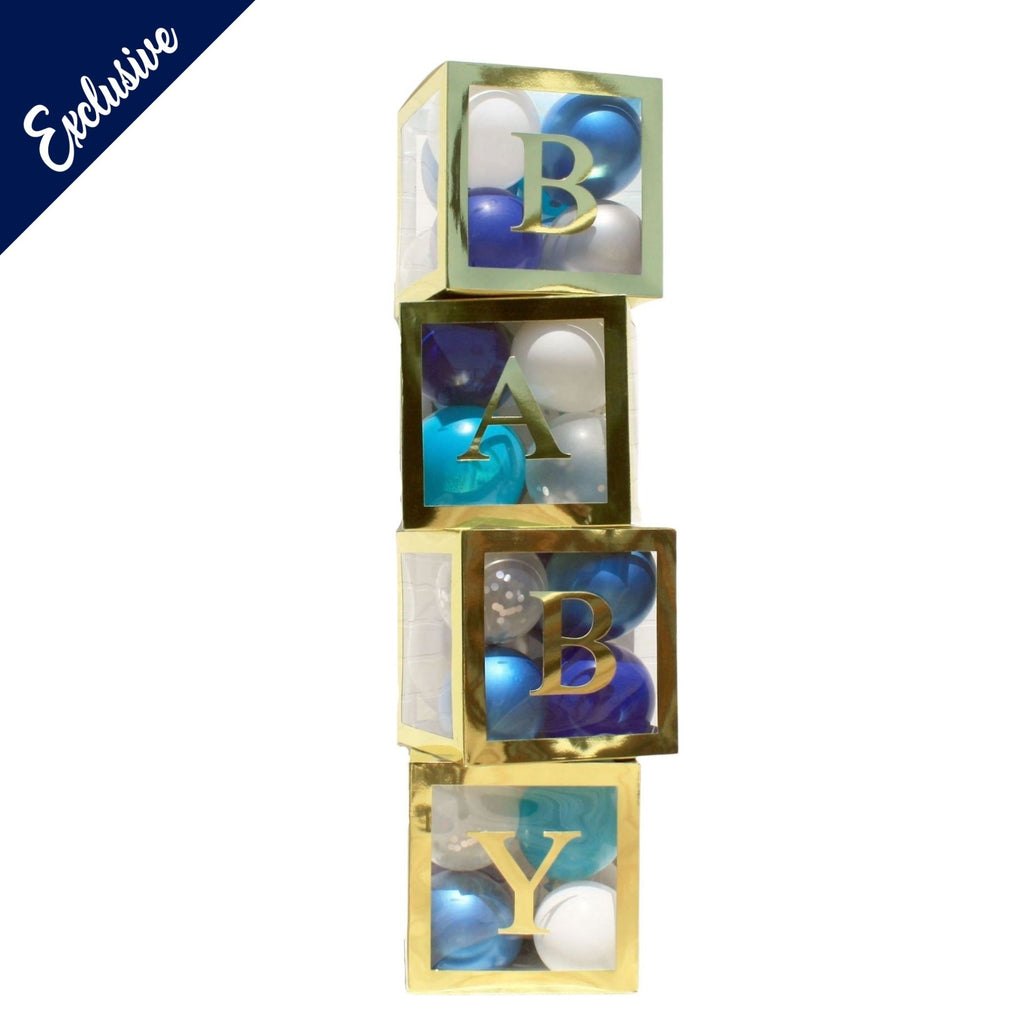 Gold baby boxes with Blue & Silver balloon set