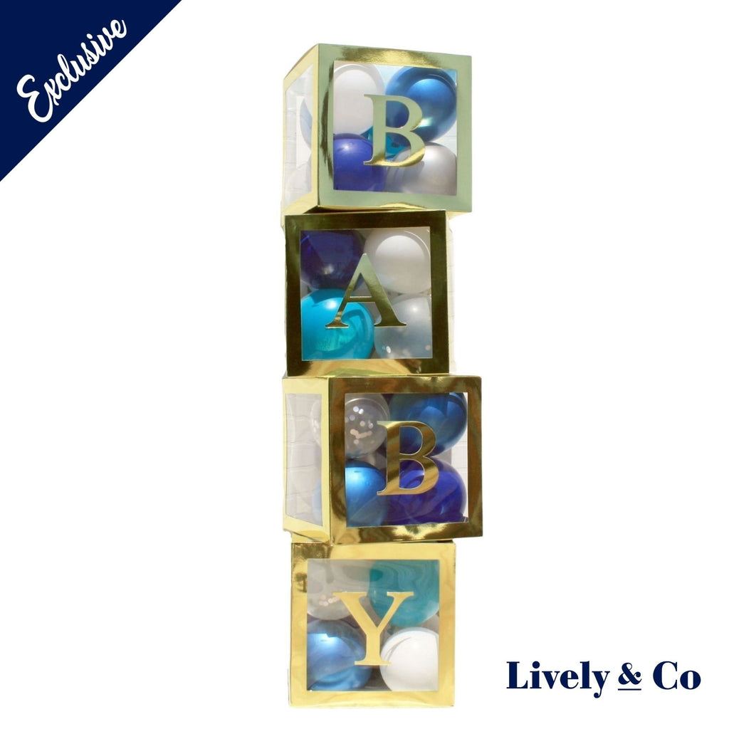 Gold baby boxes with Blue & Silver balloon set