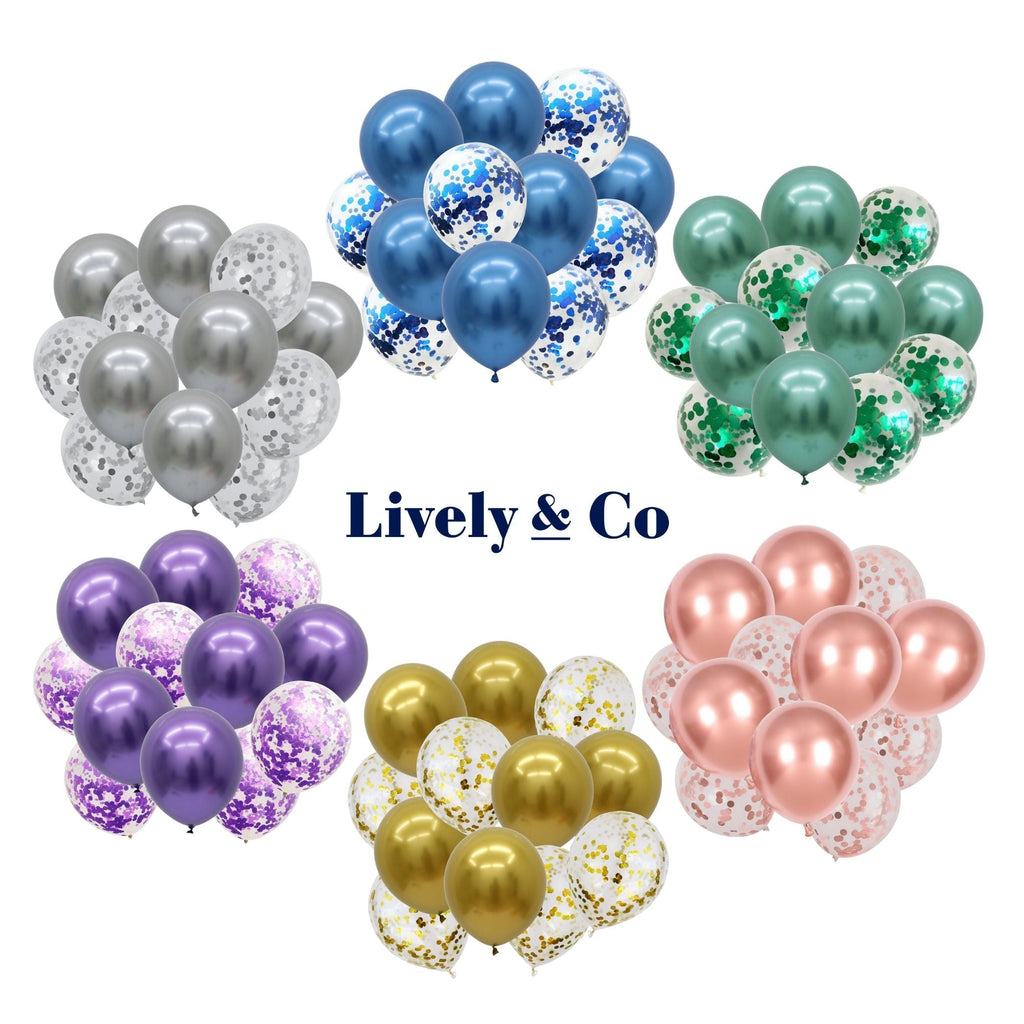 Blue Confetti & Chrome Metallic Balloons 12 Pack NEW Lively & Co 