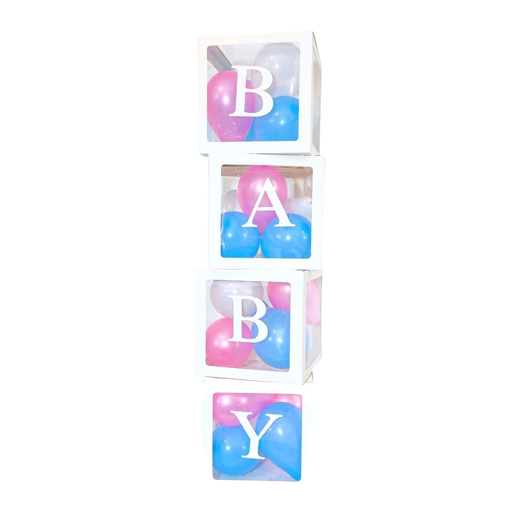 White Baby Shower Balloon Boxes with pink, blue and white balloons