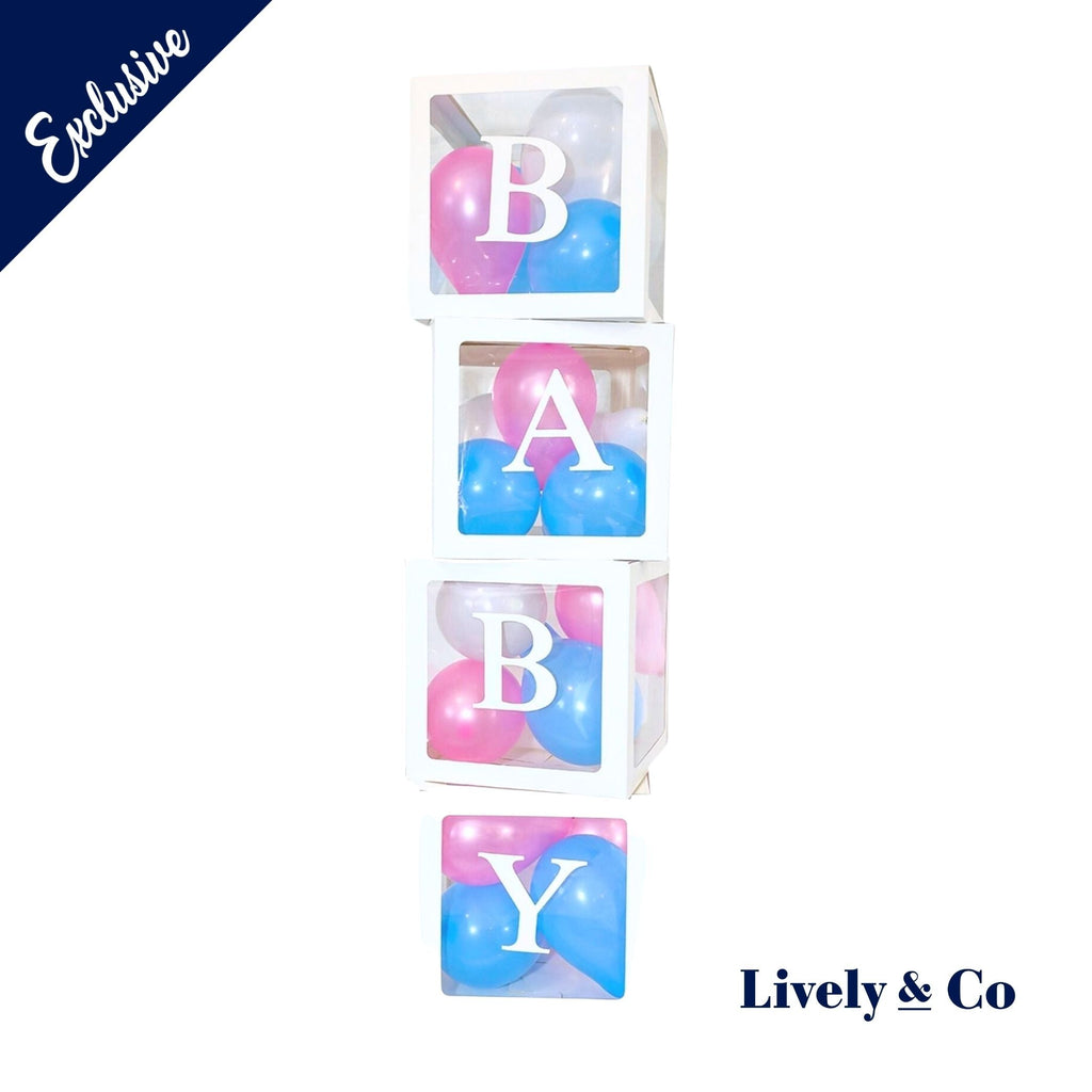 White Baby Shower Balloon Boxes with pink, blue and white balloons