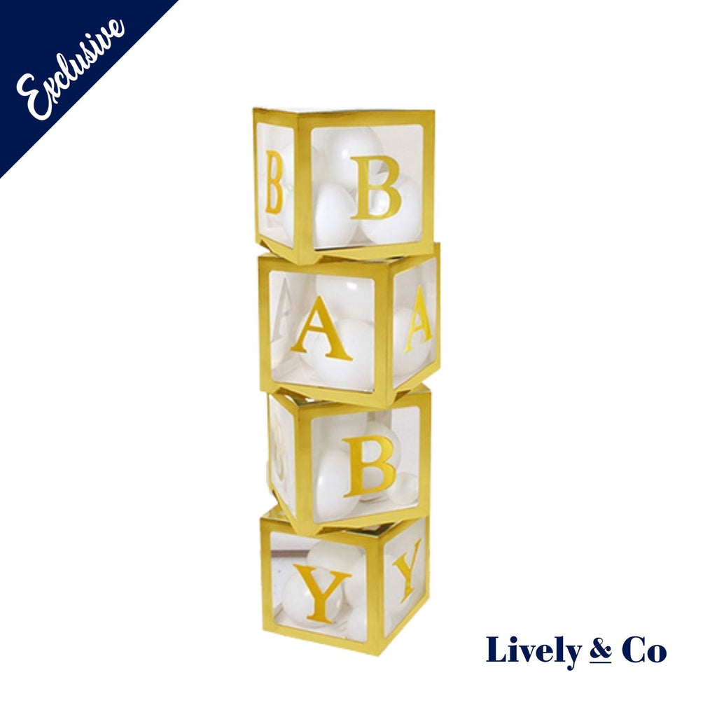 Gold baby Boxes, Gold Baby Letters and white balloons set