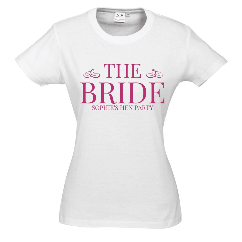 Hen's Party Personalised T-Shirts Lively & Co WHITE T Shirt Pink Writing THE BRIDE